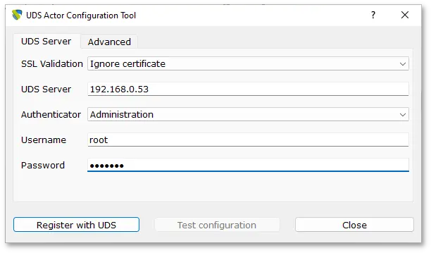 UDSActorConfig for Microsoft Windows. Вкладка «UDS Server»