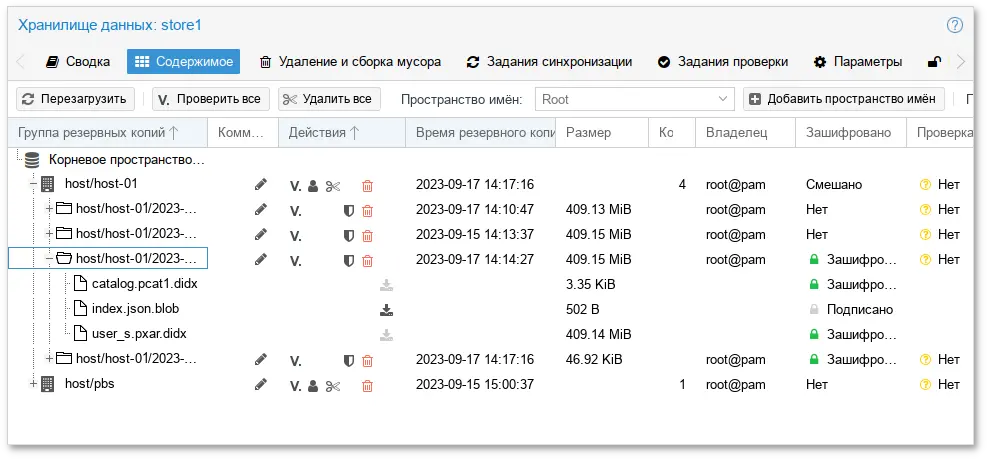 PBS. Содержимое хранилища store1
